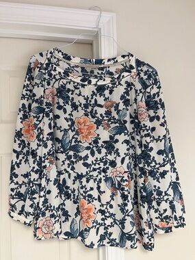 Loft Floral Peasant Blouse - White with Navy & Peach Floral Print